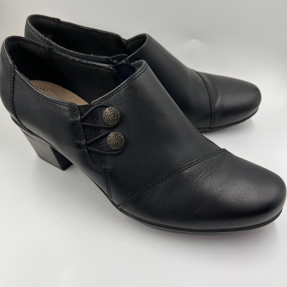 Clarks Shoes - Clarks Collection Black Leather Button Side Ankle Booties Women's Shoes